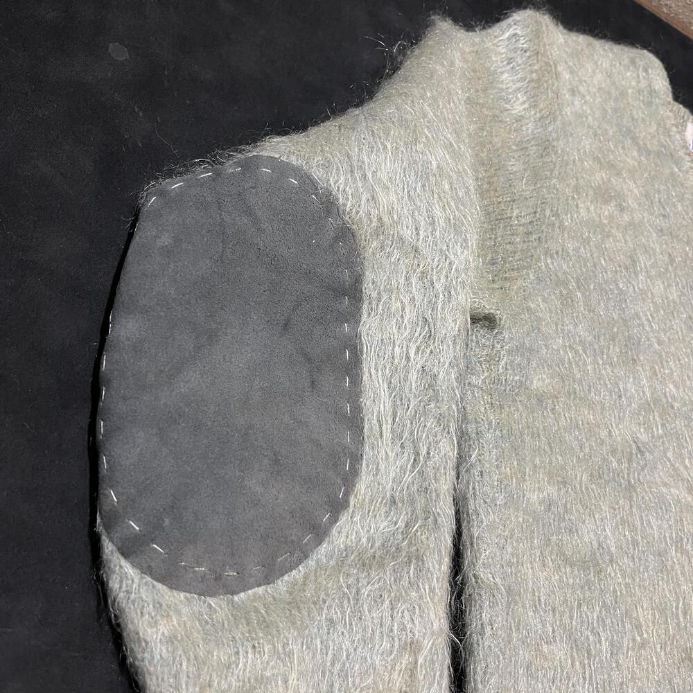 Vintage Jantzen Sweater Shaggy Green Mohair Wool Cobain Leather Elbow Pads 1960s - Picture 3 of 14